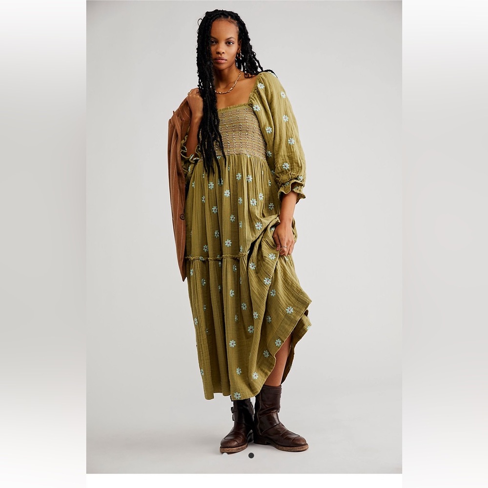 New With Tags Free People Dahlia Embroidered Maxi Dress Small Medium Moss Combo